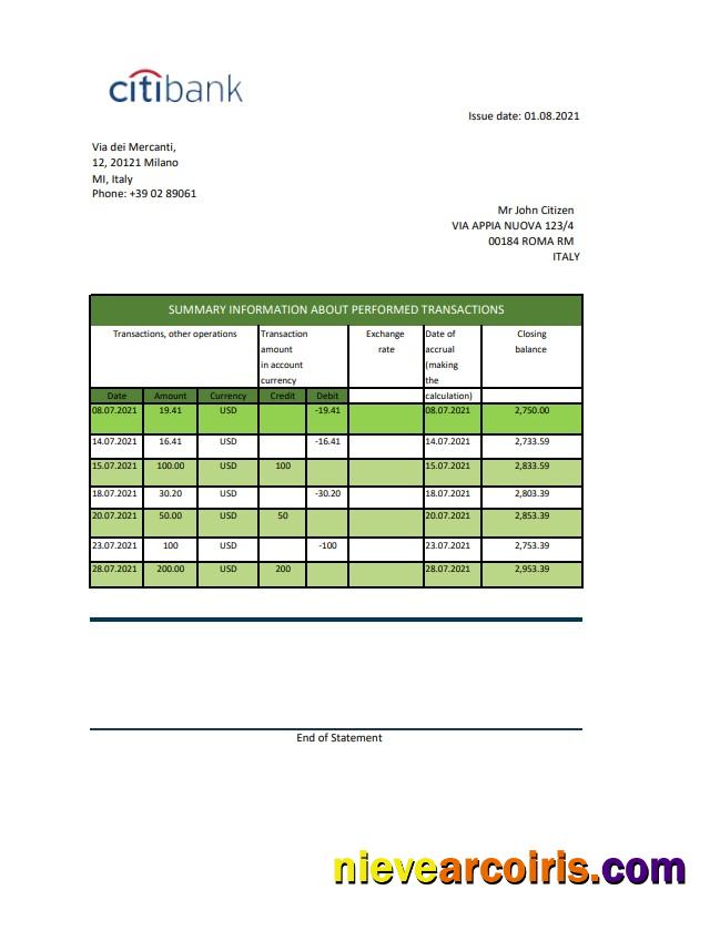 Italy Citibank excel pdf